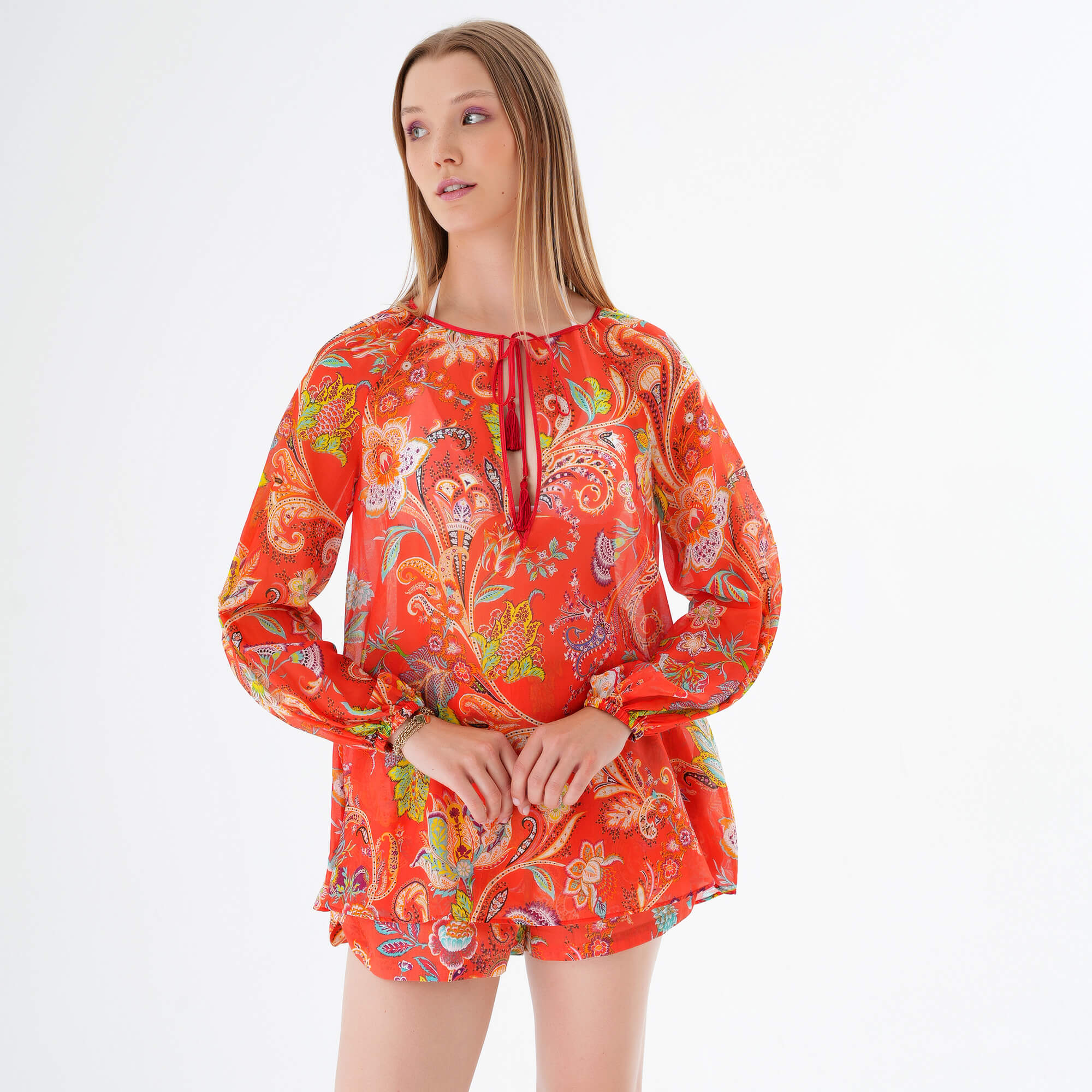 Etro - Orange Paisley Semi Sheer Boat Neck Blouse IT42